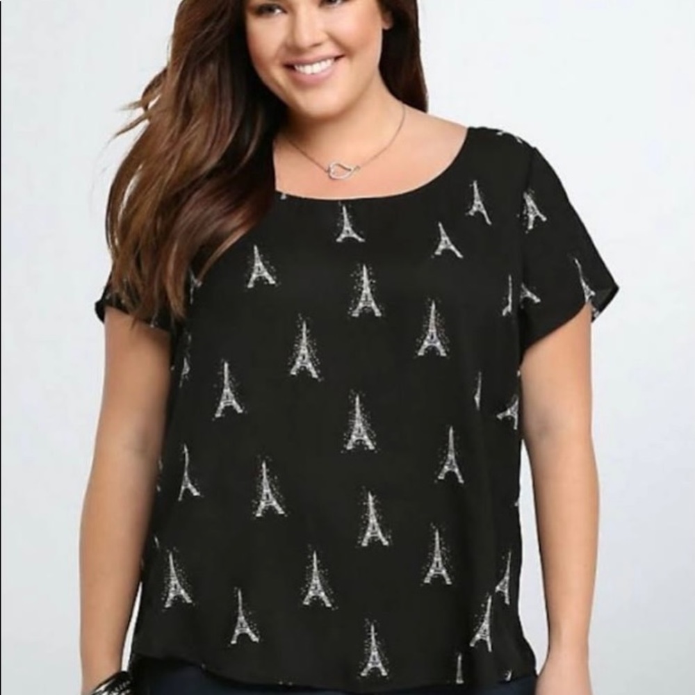 Torrid Eiffel Tower back button blouse